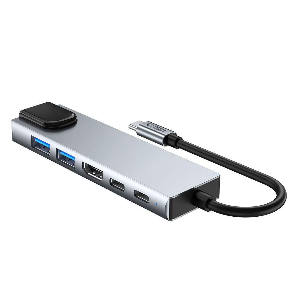 Hub USB-C Tech-Protect HB02, 1 x USB-A 3.0 - 1 x USB-A - 2 x USB-C - 1 x HDMI - 1 x RJ45, Grigio