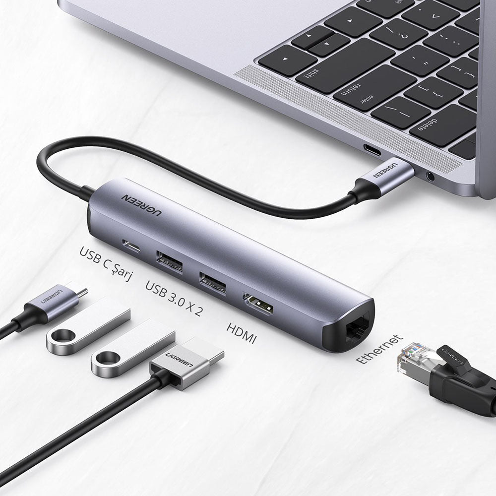 Hub USB-C UGREEN CM418 (10919), 2 x USB-A 3.0 - 1 x USB-C - 1 x HDMI - 1 x RJ45, Grigio