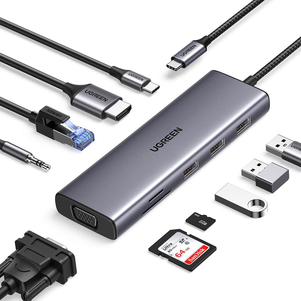 Hub USB-C UGREEN CM498 (15601), 3 x USB-A 3.0 - 1 x USB-C - 1 x HDMI - 1 x VGA - 1 x Jack 3.5mm - 1 x RJ45 - 1 x SD - 1 x microSD, Grigio
