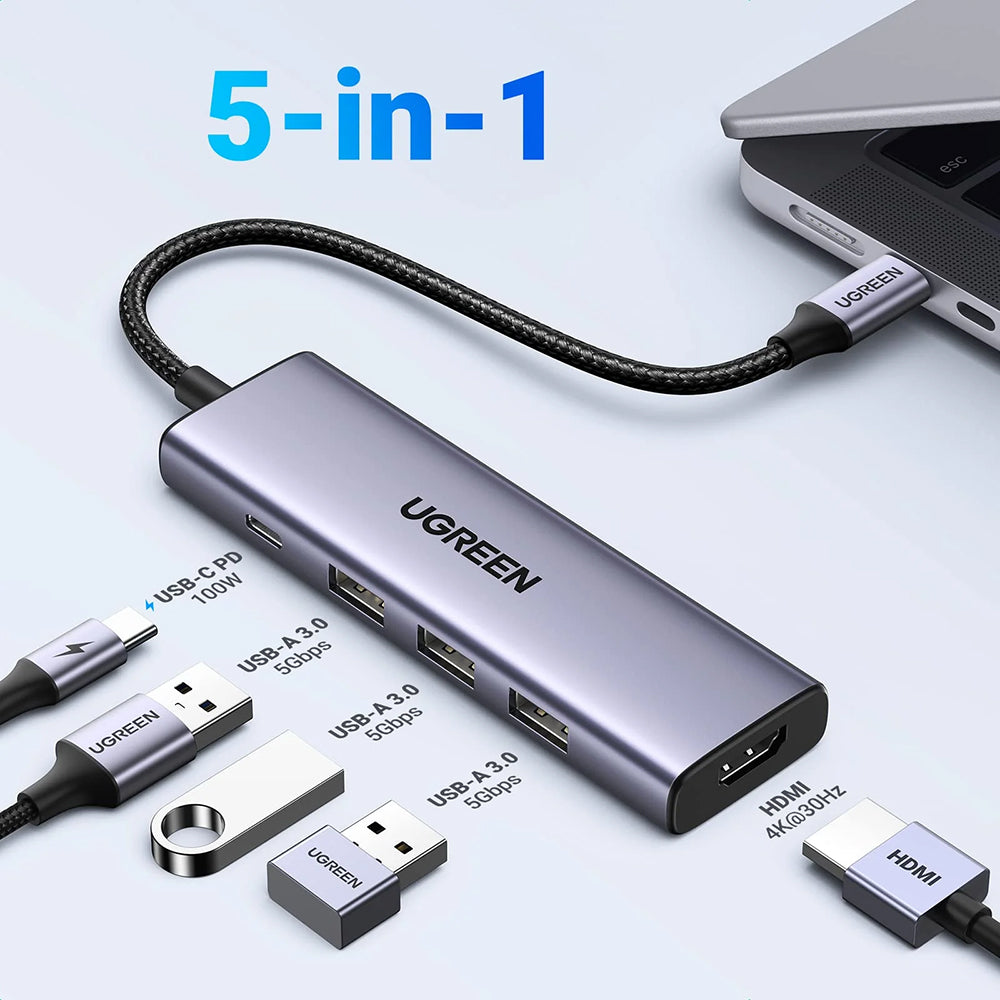 Hub USB-C UGREEN CM511 (15596), 3 x USB-A 3.0 - 1 x USB-C - 1 x HDMI, Grigio