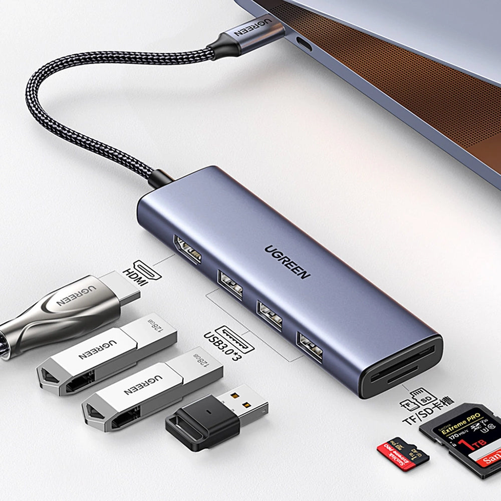 Hub USB-C UGREEN CM511 (20956A), 3 x USB-A 3.0 - 1 x HDMI - 1 x SD - 1 x microSD, Grigio