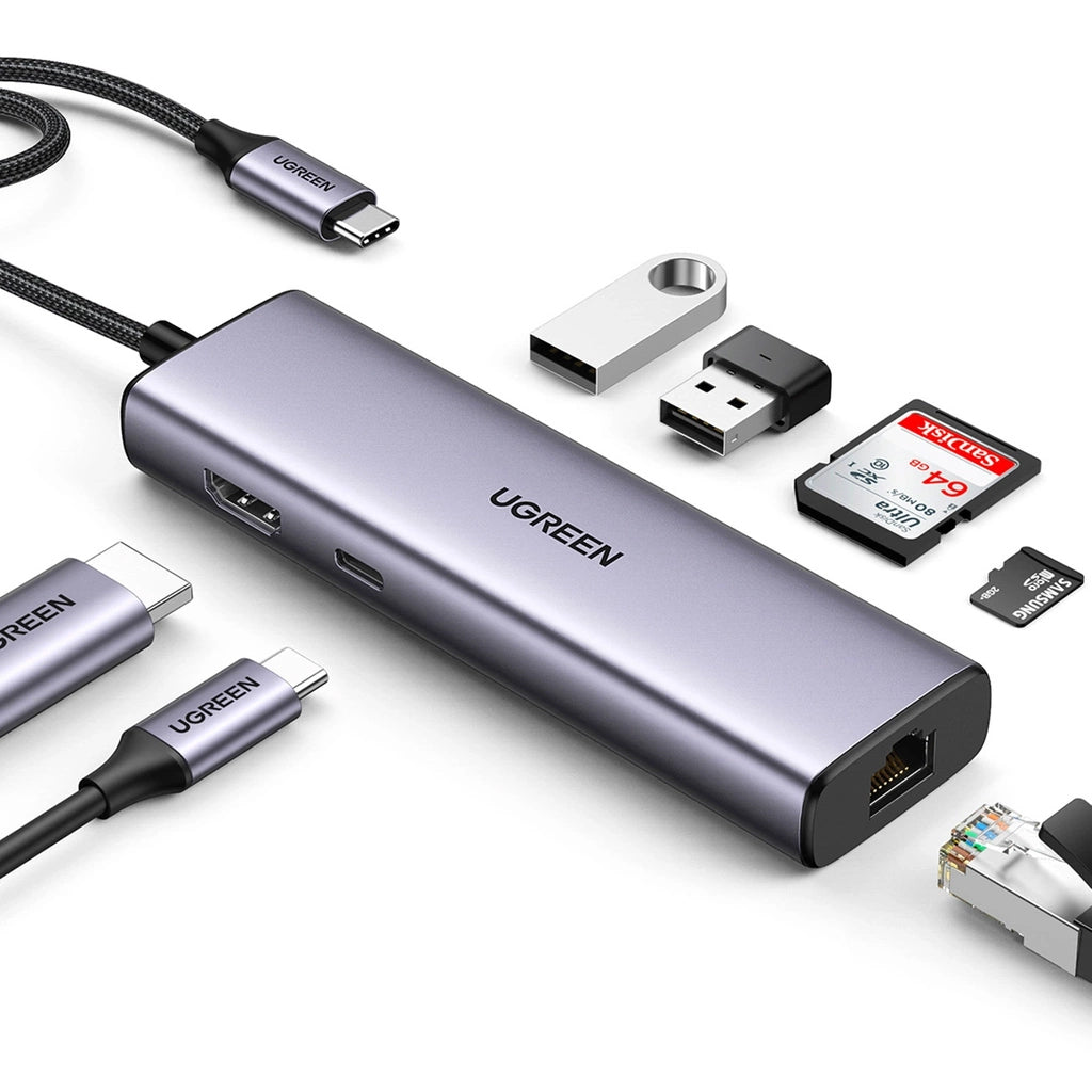 Hub USB-C UGREEN CM512 (90568), 2 x USB-A 3.0 - 1 x USB-C - 1 x HDMI - 1 x RJ45 - 1 x SD - 1 x microSD, Grigio