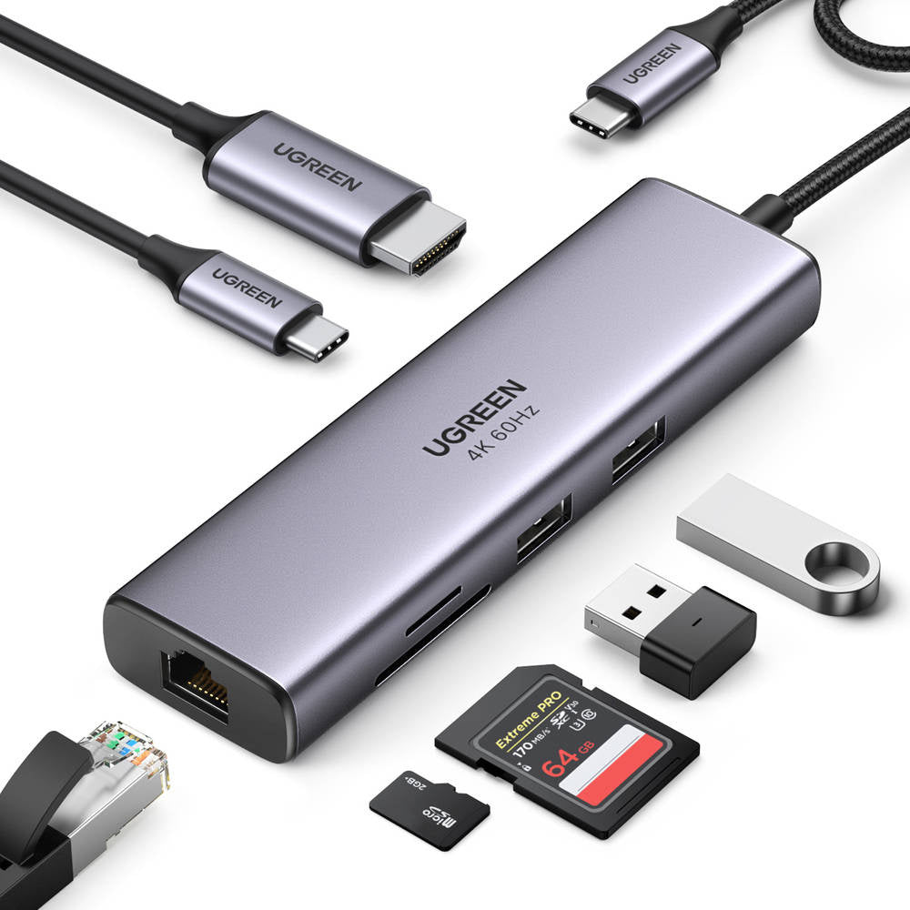 Hub USB-C UGREEN CM512 (60515), 2 x USB-A 3.0 - 1 x USB-C - 1 x HDMI - 1 x SD - 1 x microSD - 1 x RJ45, Grigio