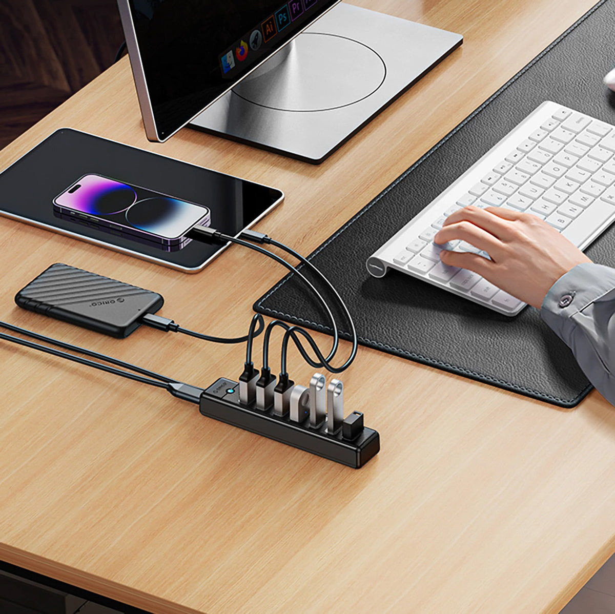 Hub USB Orico PW7U-U3, 7 x USB-A 3.0 - 1 x USB-C, Nero