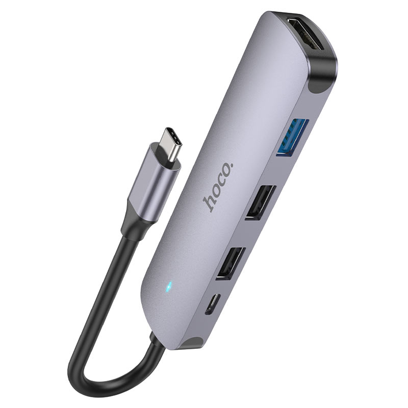 Hub USB-C HOCO HB27, USB-A 3.0 - 2 x USB-A - USB-C - HDMI, Grigio