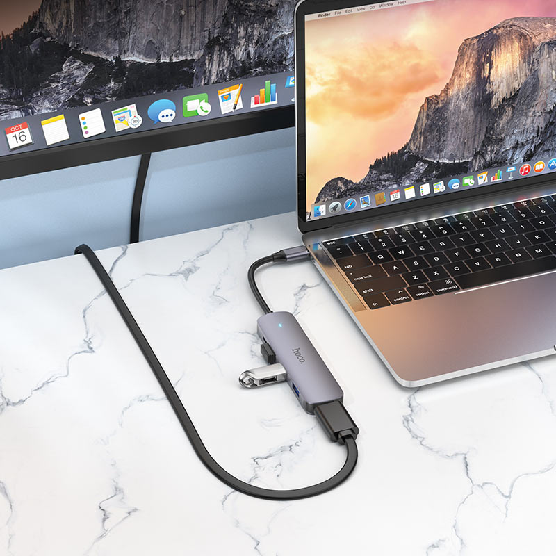 Hub USB-C HOCO HB27, USB-A 3.0 - 2 x USB-A - USB-C - HDMI, Grigio