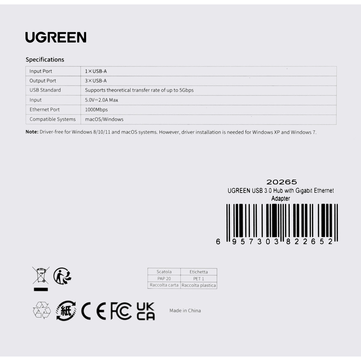 Hub USB UGREEN 20265, 3 x USB-A 3.0 - 1 x RJ45, Nero