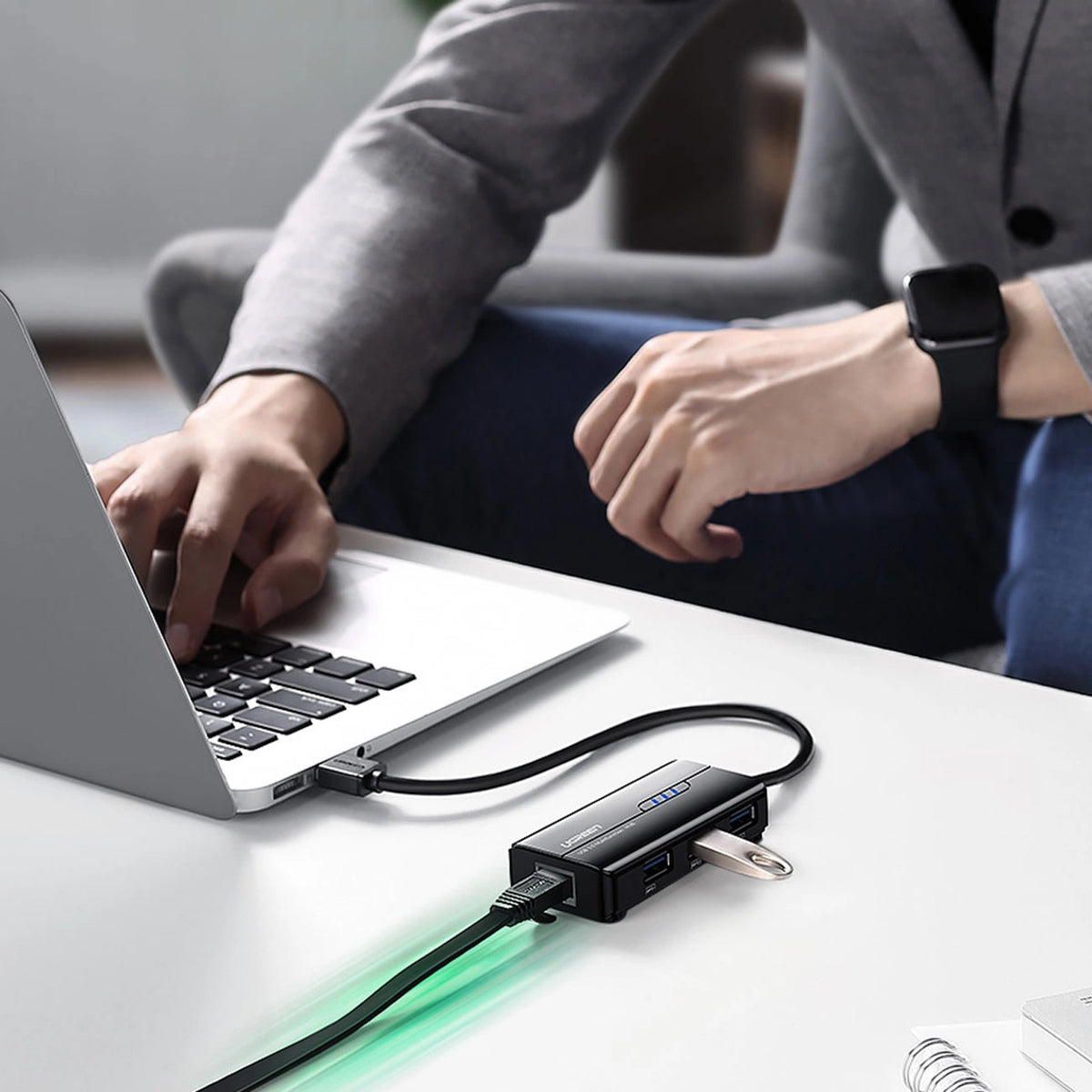 Hub USB UGREEN 20265, 3 x USB-A 3.0 - 1 x RJ45, Nero