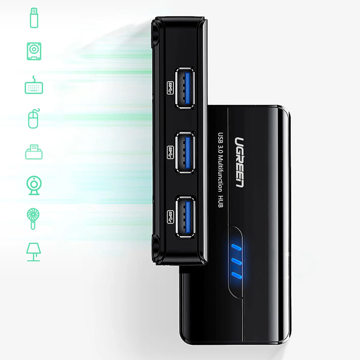 Hub USB UGREEN 20265, 3 x USB-A 3.0 - 1 x RJ45, Nero
