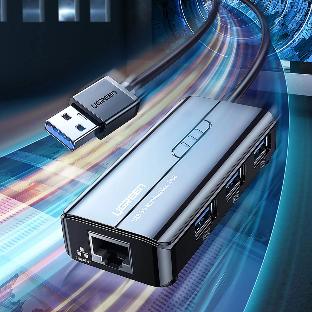 Hub USB UGREEN 20265, 3 x USB-A 3.0 - 1 x RJ45, Nero