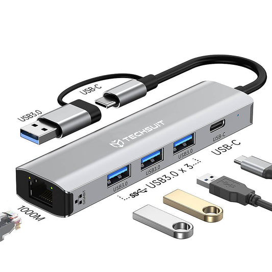 Hub USB / USB-C Techsuit H3 BoostNetLink, 5in1, Grigio