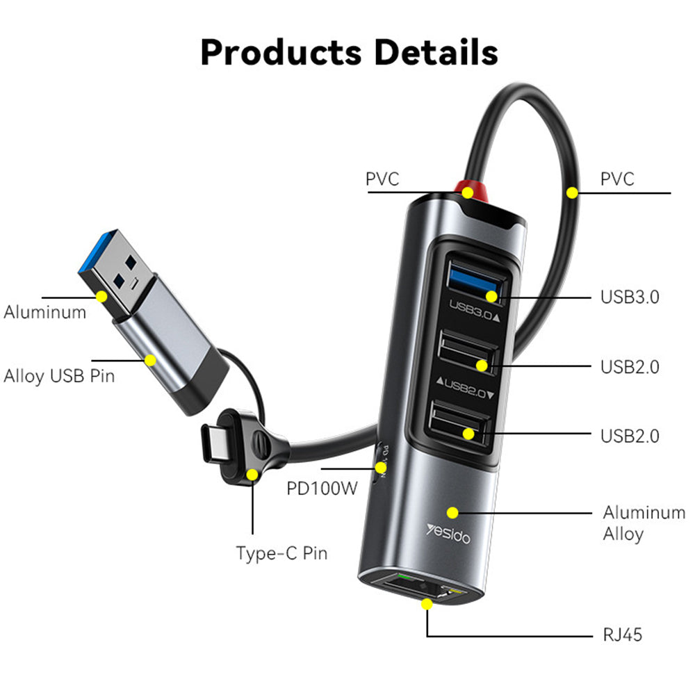 Hub USB / USB-C Yesido HB21, 5in1, Grigio