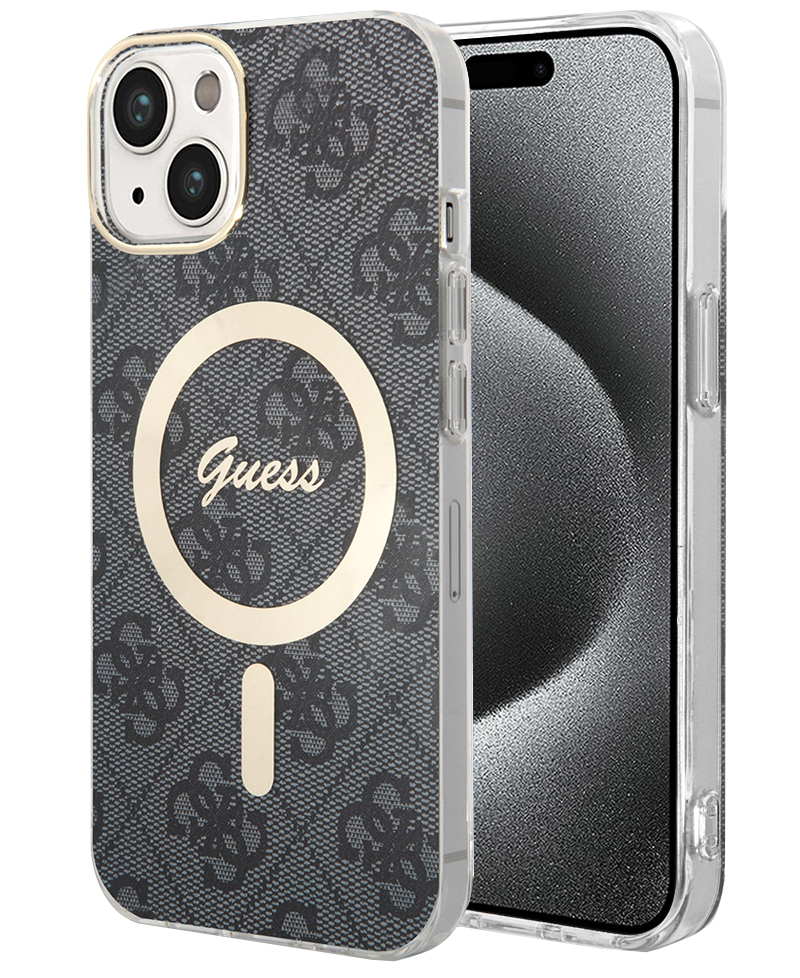 Custodia MagSafe per Apple iPhone 15, Guess, 4G IML, Nera GUHMP15SH4STK