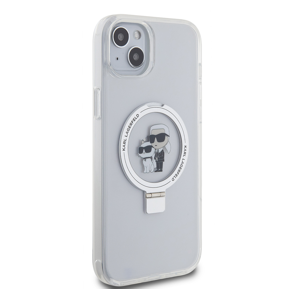 Custodia MagSafe per Apple iPhone 15 Plus, Karl Lagerfeld, Ringstand Karl and Choupette, Bianca, Ricondizionata