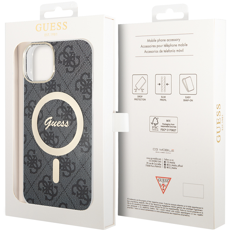 Custodia MagSafe per Apple iPhone 15, Guess, 4G IML, Nera GUHMP15SH4STK