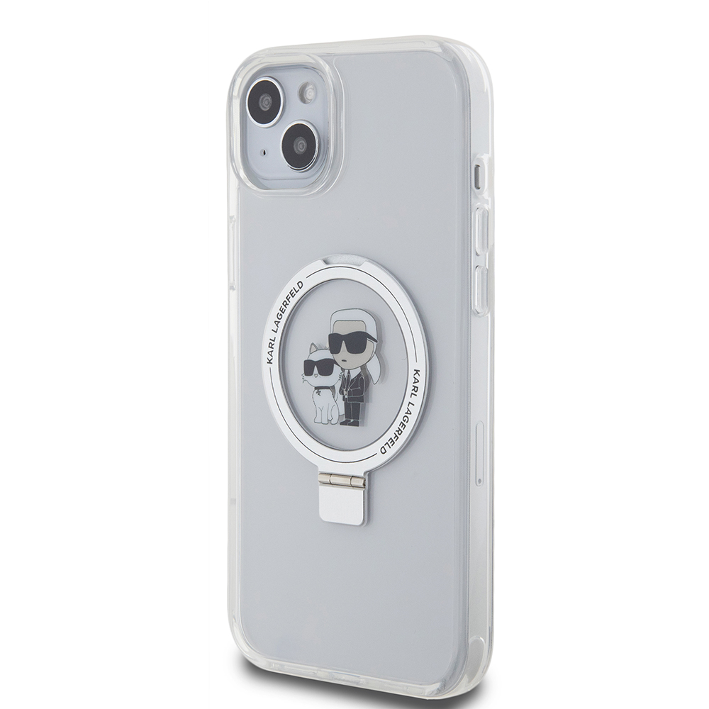 Custodia MagSafe per Apple iPhone 15 Plus, Karl Lagerfeld, Ringstand Karl and Choupette, Bianca, Ricondizionata