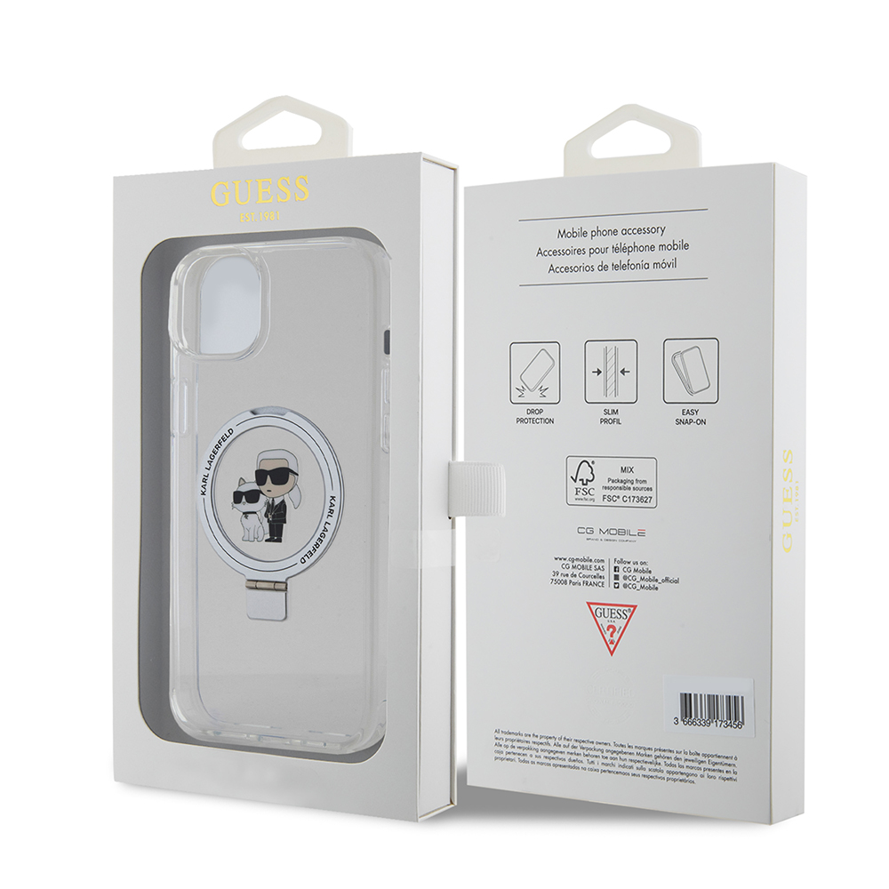 Custodia MagSafe per Apple iPhone 15 Plus, Karl Lagerfeld, Ringstand Karl and Choupette, Bianca, Ricondizionata
