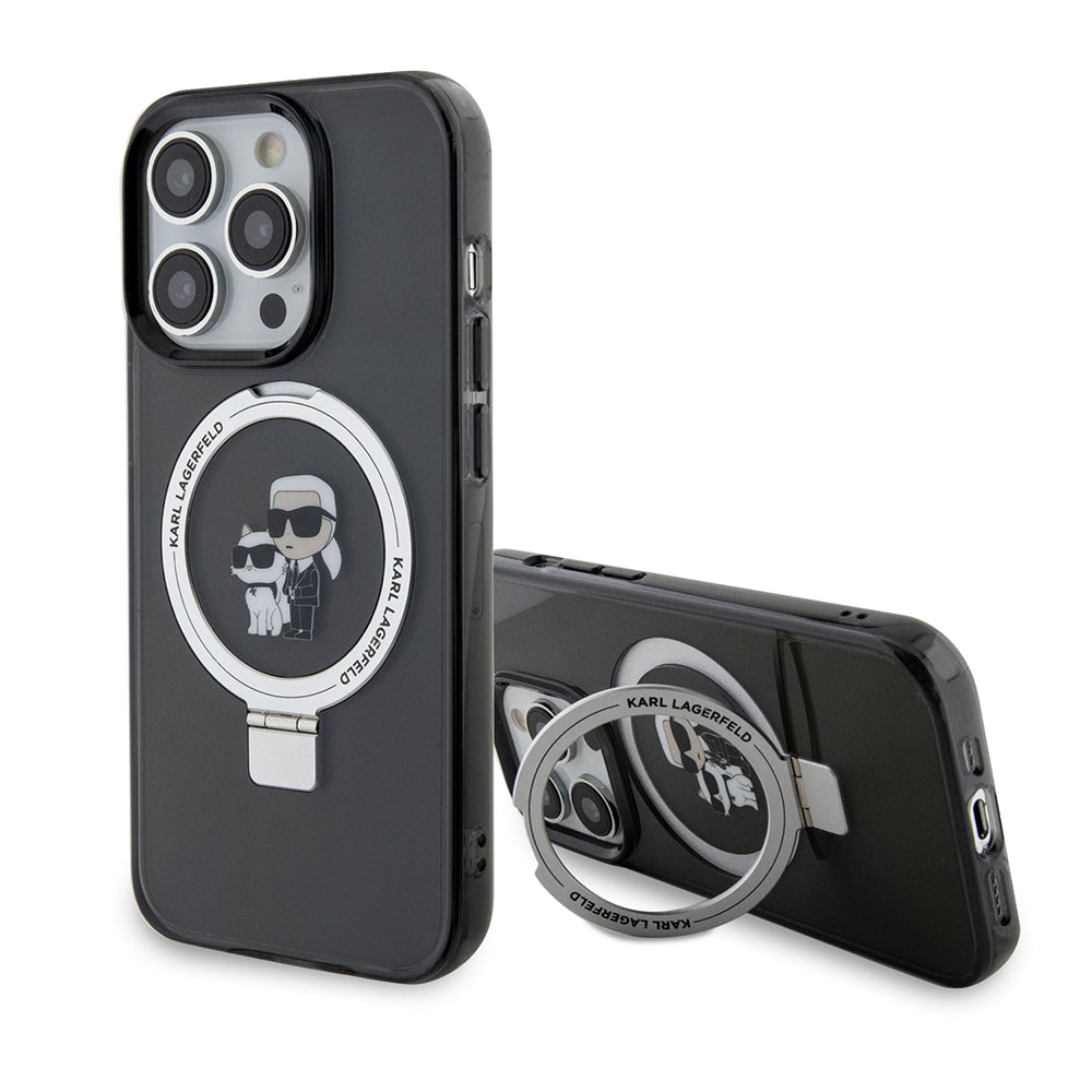 Custodia MagSafe per Apple iPhone 14 Pro, Karl Lagerfeld, Ring Stand Karl & Choupette, Nera