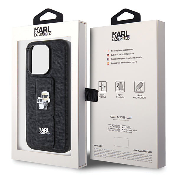 Custodia MagSafe per Apple iPhone 14 Pro, Karl Lagerfeld, Saffiano Gripstand Karl & Choupette, Nera