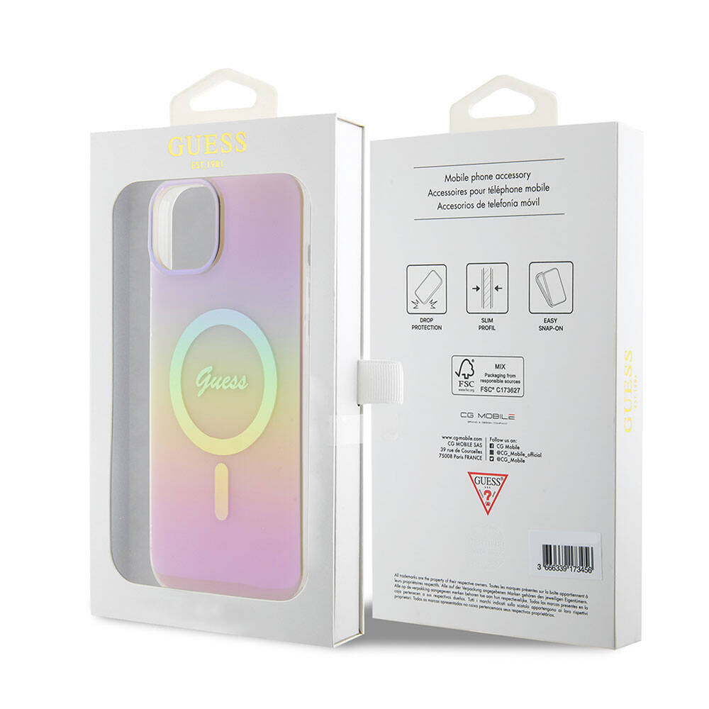 Custodia MagSafe per Apple iPhone 15, Guess, IML Iridescent Script, Rosa GUHMP15SHITSP