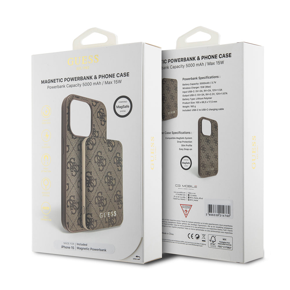 Custodia MagSafe per Apple iPhone 15, Guess, Powerbank 4G Metal Logo, Marrone