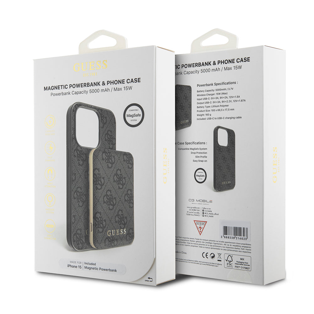Custodia MagSafe per Apple iPhone 15, Guess, Powerbank 4G Metal Logo, Nera