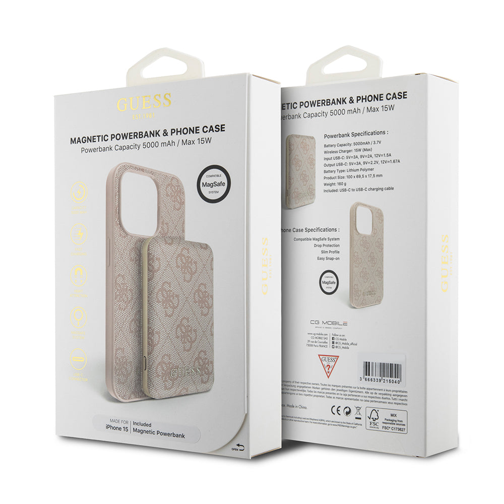 Custodia MagSafe per Apple iPhone 15, Guess, Powerbank 4G Metal Logo, Rosa