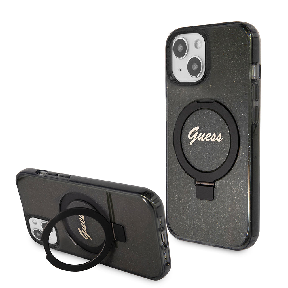 MagSafe Case for Apple iPhone 15, Guess, Ring Stand Script Glitter, Black