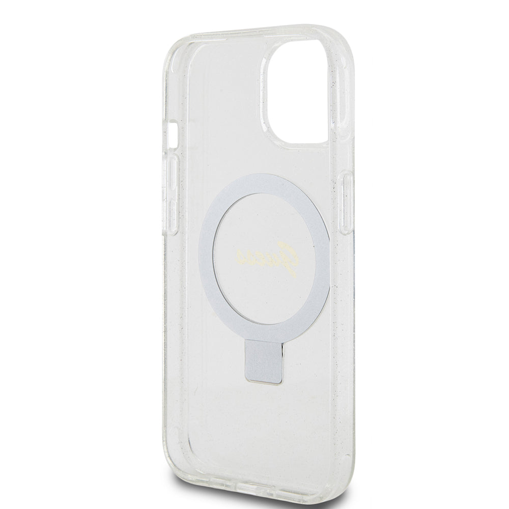 MagSafe Case for Apple iPhone 15, Guess, Ring Stand Script Glitter, Transparent