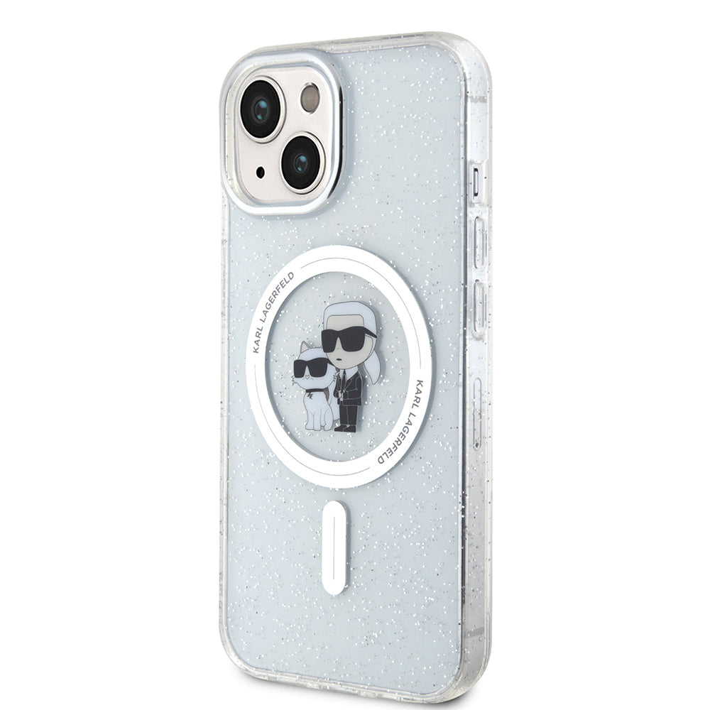 Custodia MagSafe per Apple iPhone 15, Karl Lagerfeld, Glitter Karl & Choupette, Trasparente