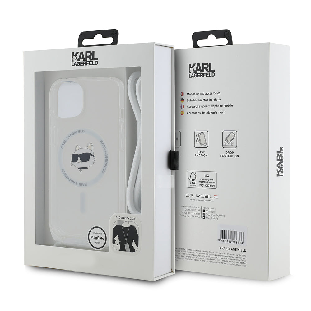 MagSafe Case for Apple iPhone 15, Karl Lagerfeld, IML Crossbody Choupette's Head with Strap, Transparent