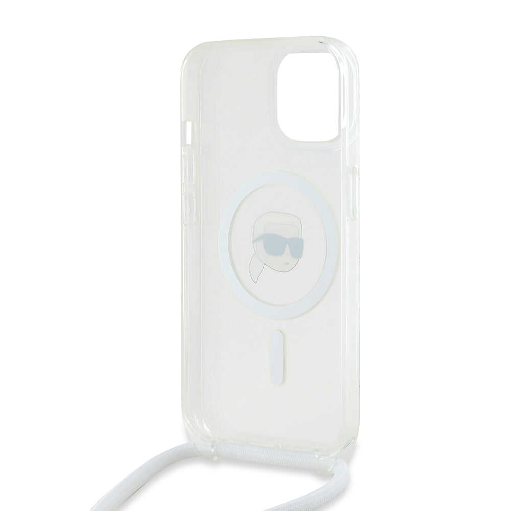 Custodia MagSafe per Apple iPhone 15, Karl Lagerfeld, IML Crossbody Karl's Head, Trasparente
