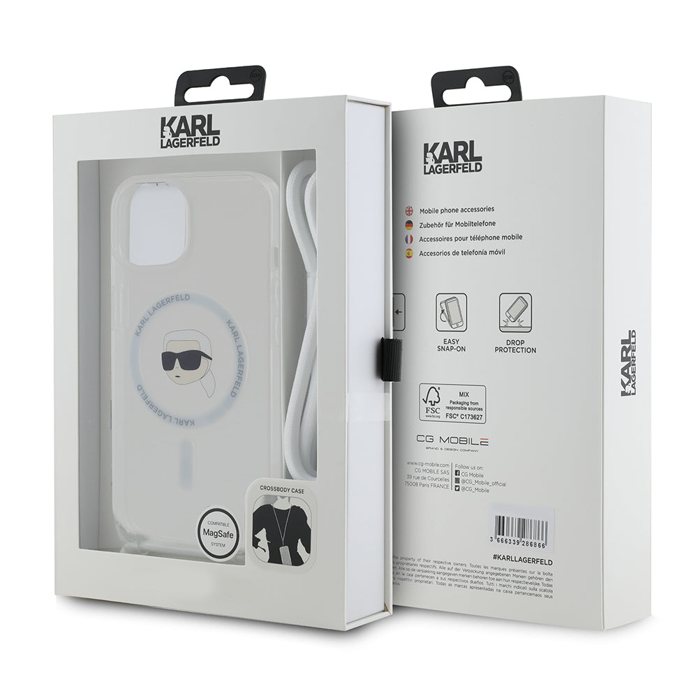 Custodia MagSafe per Apple iPhone 15, Karl Lagerfeld, IML Crossbody Karl's Head, Trasparente