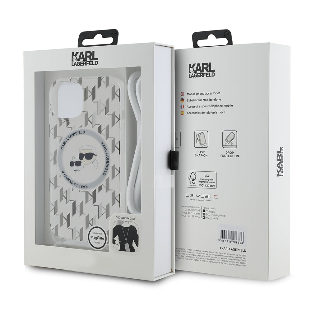 Custodia MagSafe per Apple iPhone 15, Karl Lagerfeld, IML Crossbody Monogramma Karl & Choupette's Heads, Trasparente