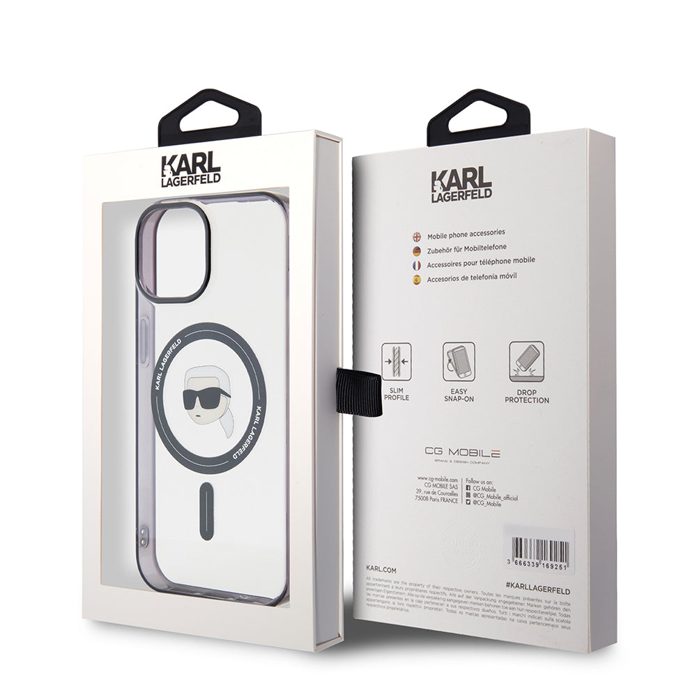Custodia MagSafe per Apple iPhone 15, Karl Lagerfeld, IML Karl's Head, Trasparente