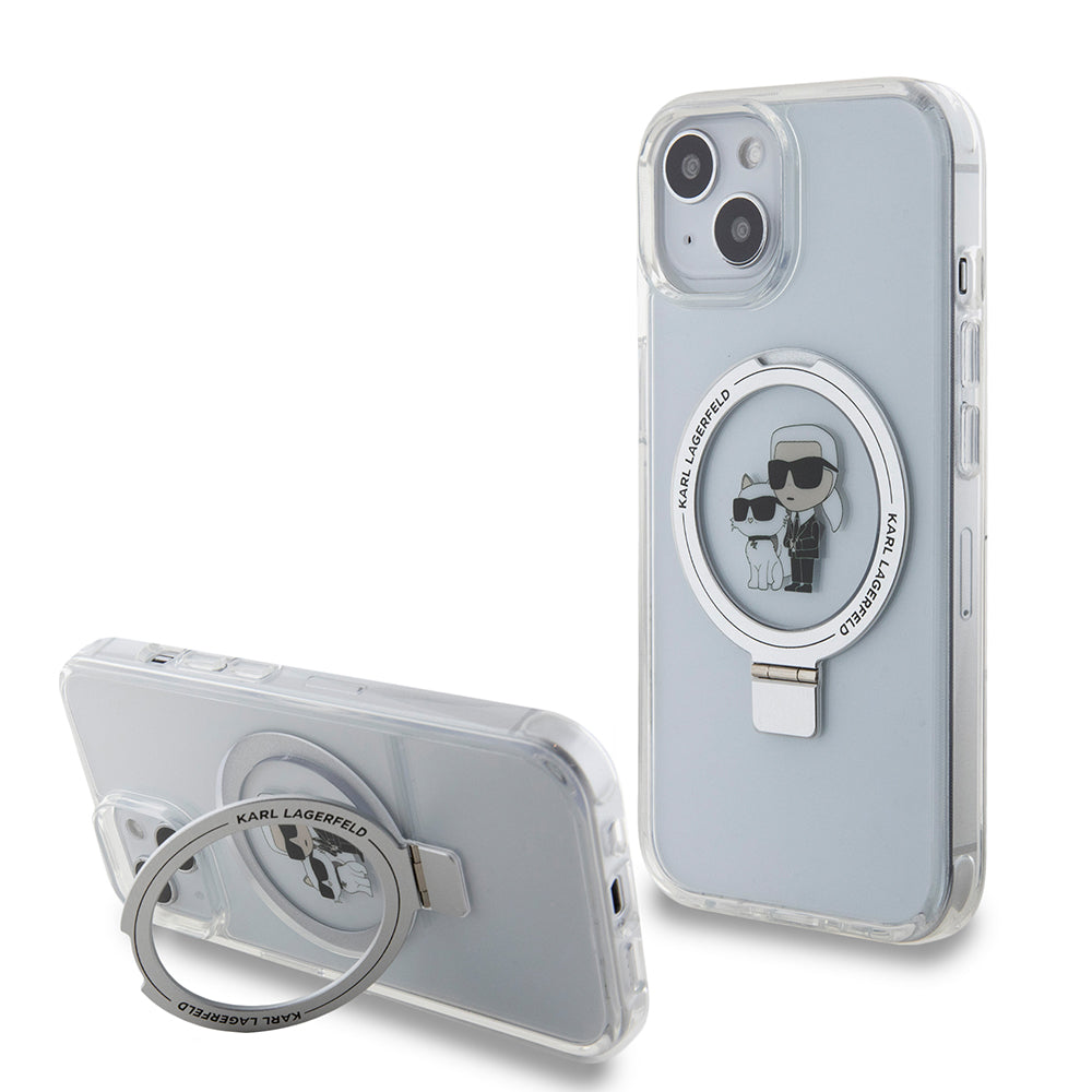 Custodia MagSafe per Apple iPhone 15, Karl Lagerfeld, Ring Stand Karl & Choupette, Bianca