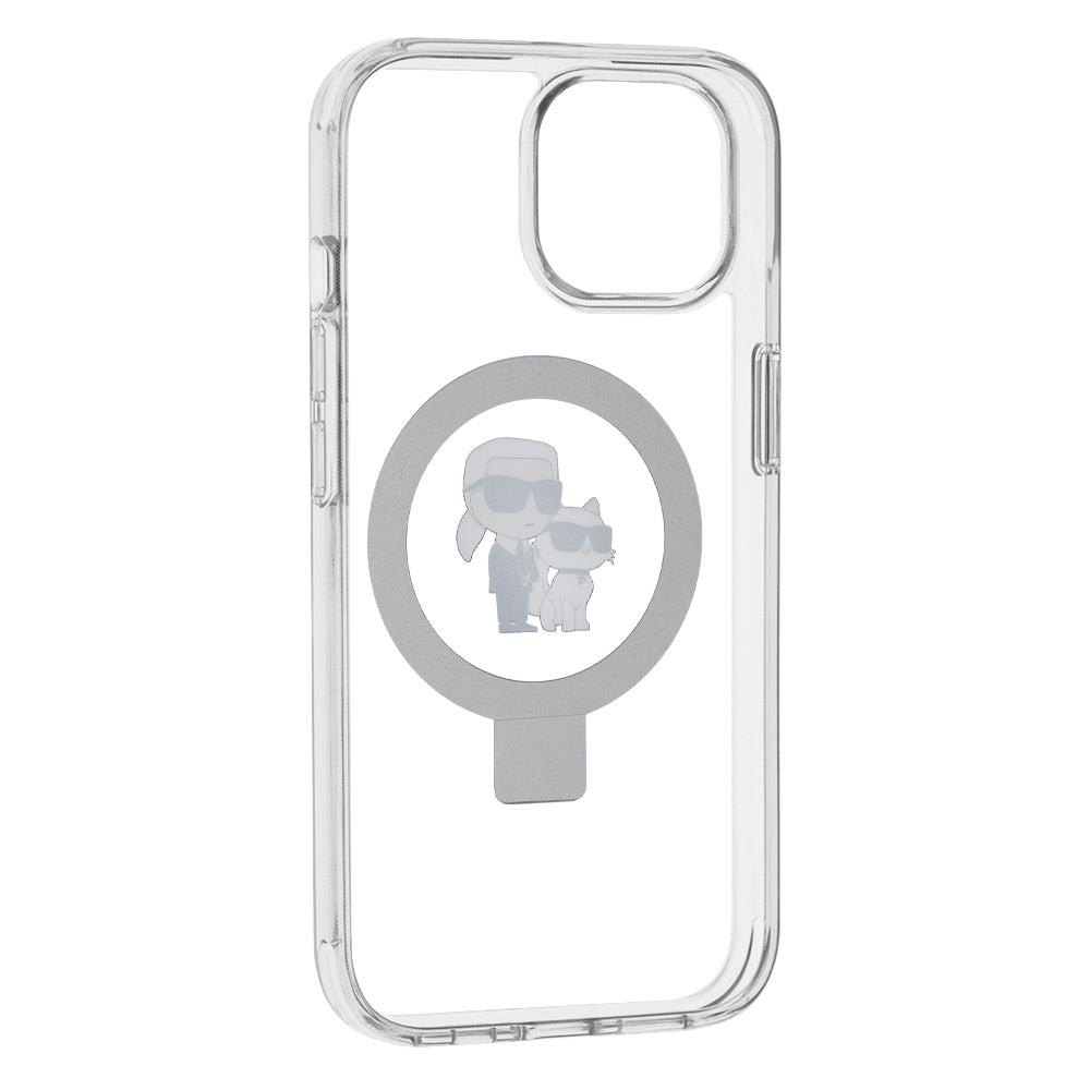 Custodia MagSafe per Apple iPhone 15, Karl Lagerfeld, Ring Stand Karl & Choupette, Bianca