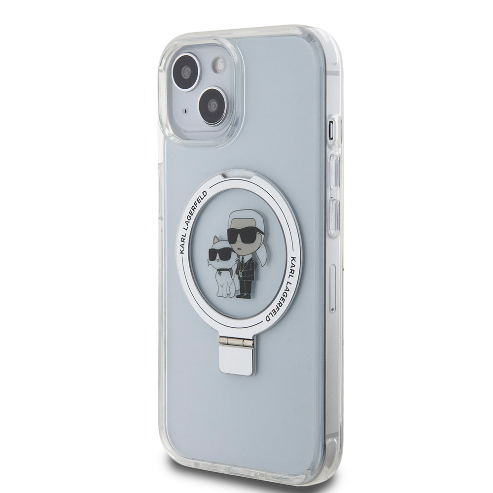 Custodia MagSafe per Apple iPhone 15, Karl Lagerfeld, Ring Stand Karl & Choupette, Bianca