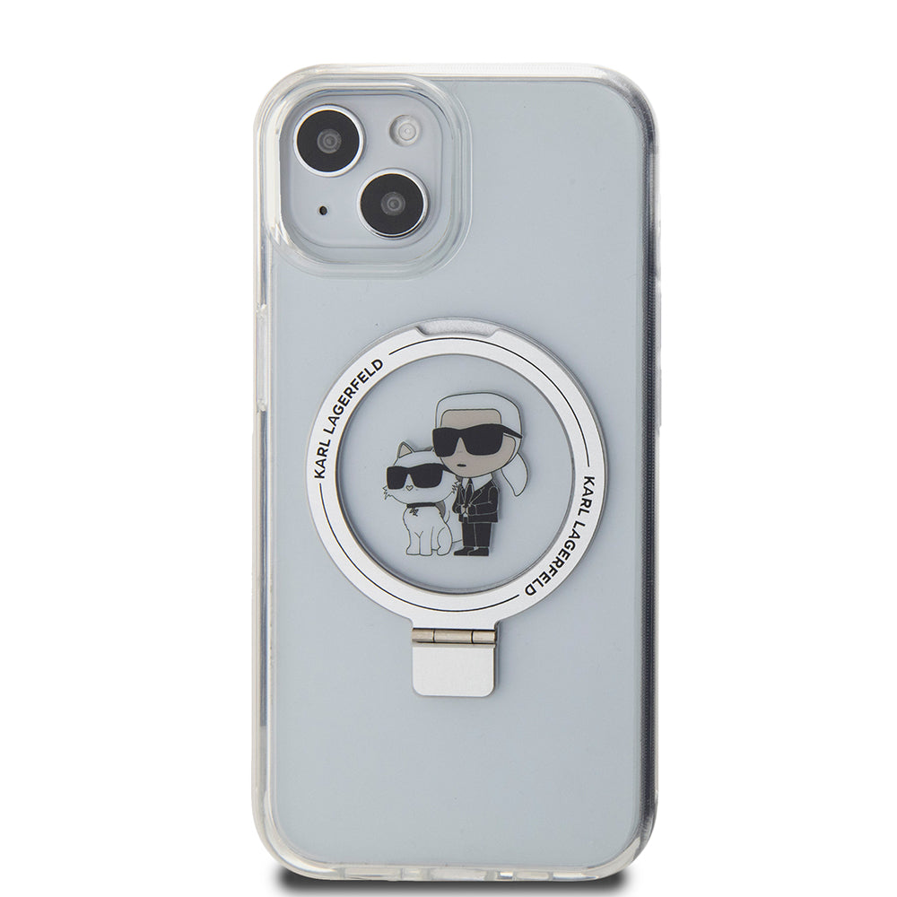 Custodia MagSafe per Apple iPhone 15, Karl Lagerfeld, Ring Stand Karl & Choupette, Bianca