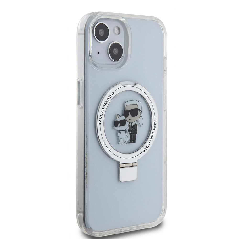Custodia MagSafe per Apple iPhone 15, Karl Lagerfeld, Ring Stand Karl & Choupette, Bianca
