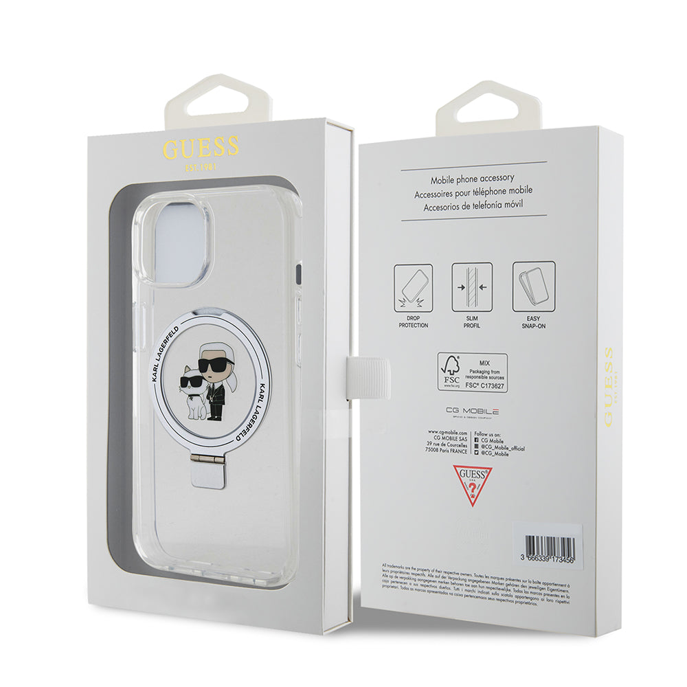 Custodia MagSafe per Apple iPhone 15, Karl Lagerfeld, Ring Stand Karl & Choupette, Bianca