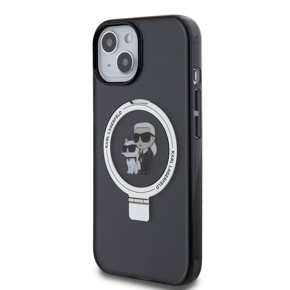 MagSafe Case for Apple iPhone 15, Karl Lagerfeld, Ring Stand Karl & Choupette, Black