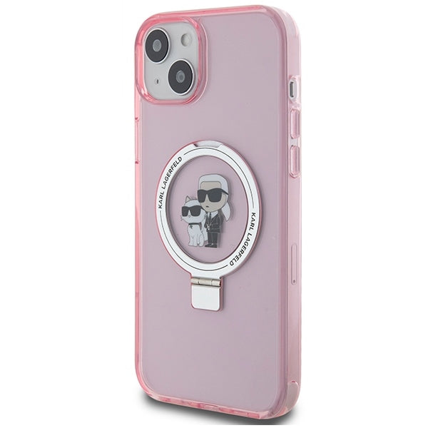 Custodia MagSafe per Apple iPhone 15, Karl Lagerfeld, Ring Stand Karl & Choupette, Rosa