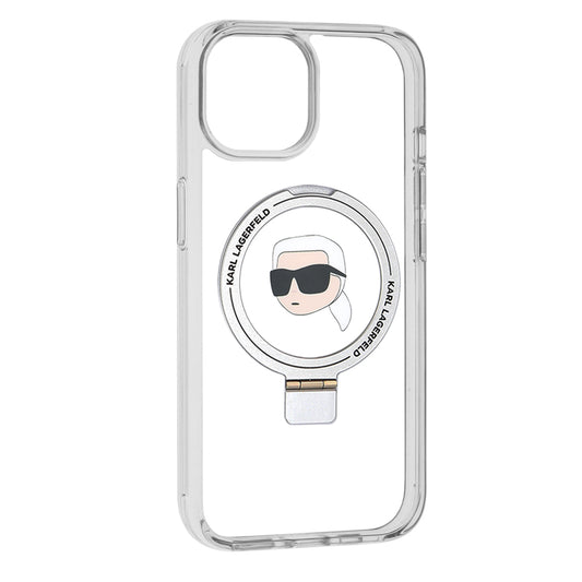 Custodia MagSafe per Apple iPhone 15, Karl Lagerfeld, Ring Stand Karl's Head, Bianca