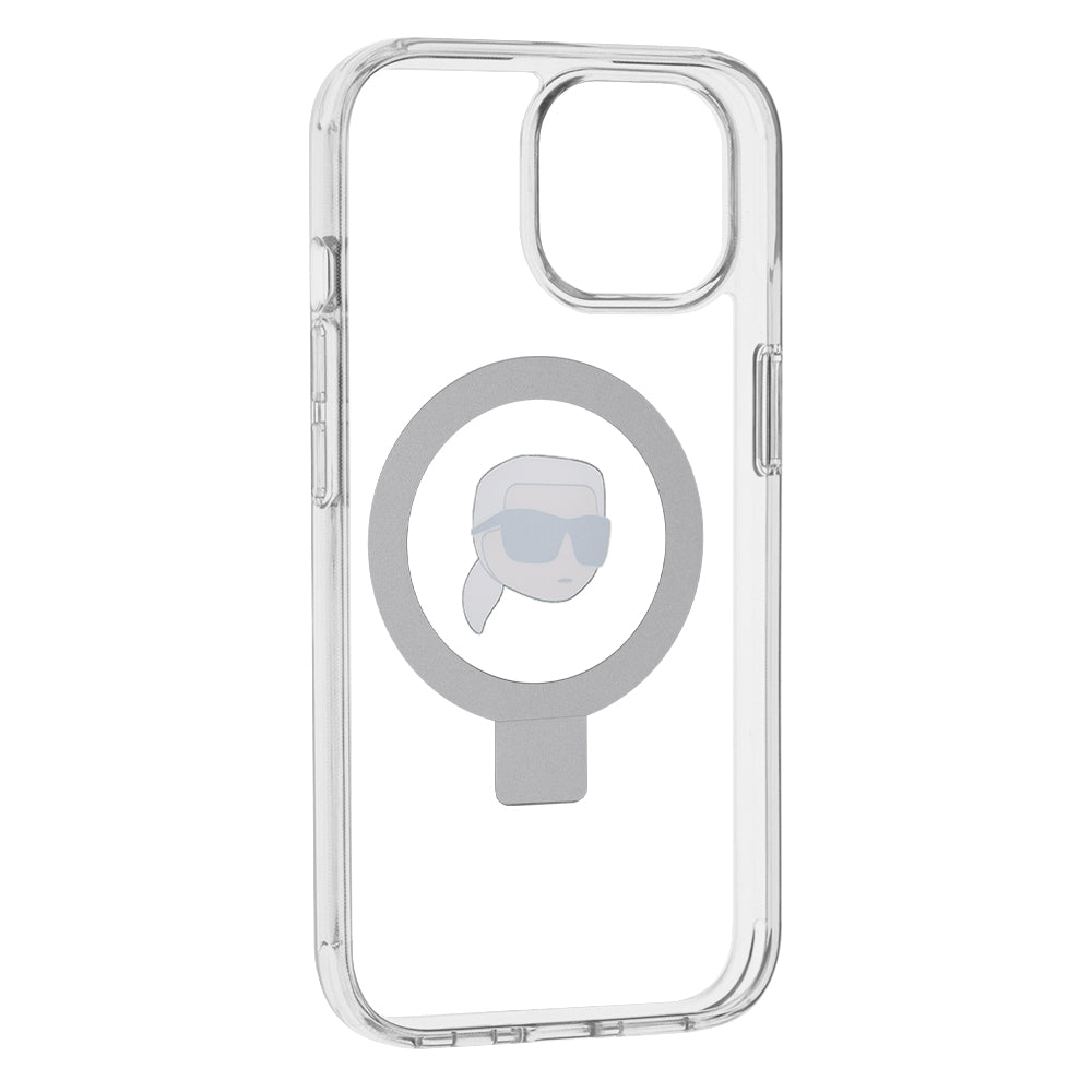 Custodia MagSafe per Apple iPhone 15, Karl Lagerfeld, Ring Stand Karl's Head, Bianca