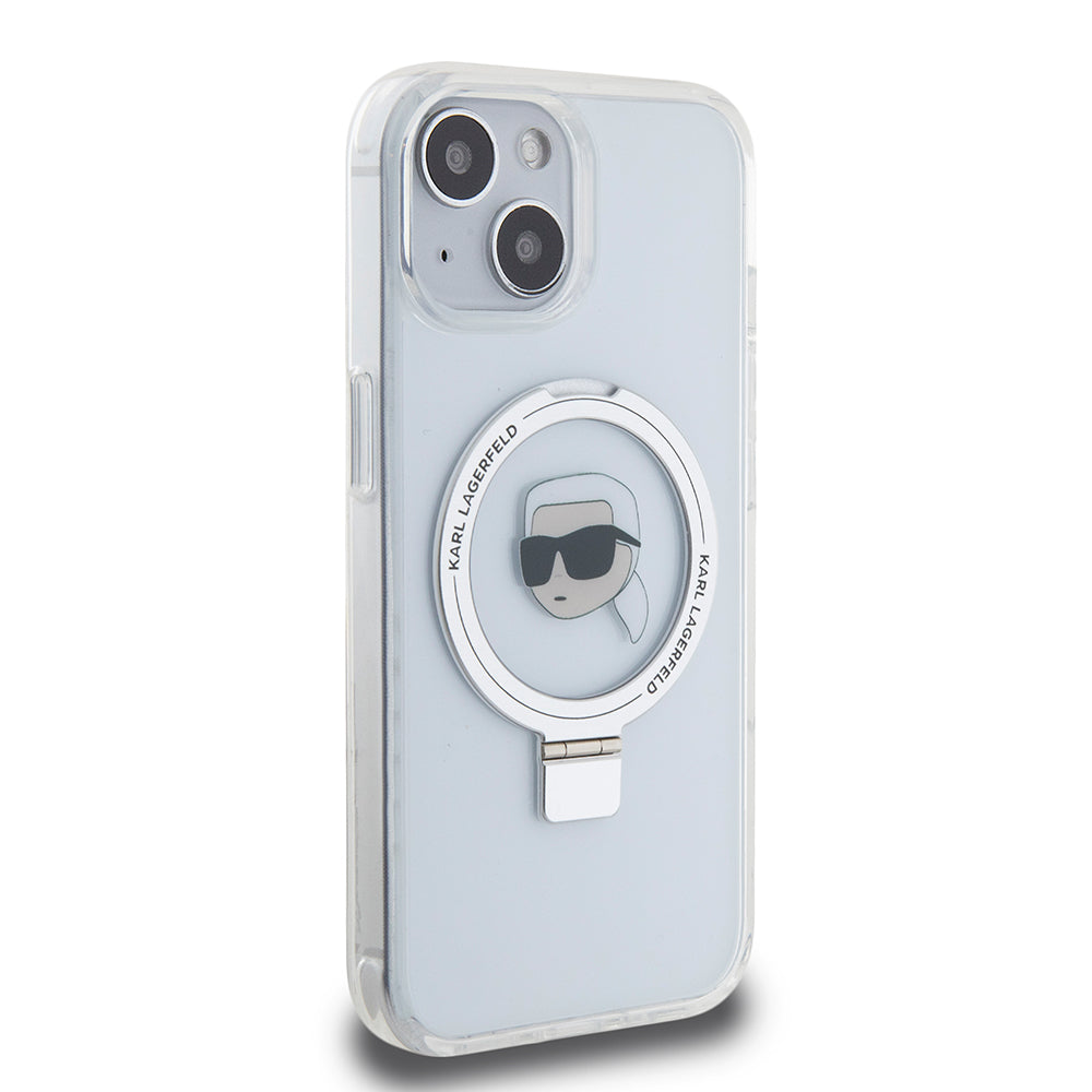 Custodia MagSafe per Apple iPhone 15, Karl Lagerfeld, Ring Stand Karl's Head, Bianca