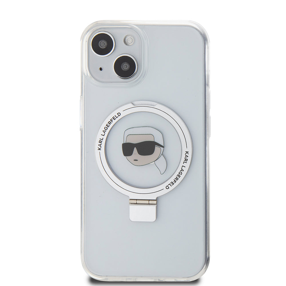 Custodia MagSafe per Apple iPhone 15, Karl Lagerfeld, Ring Stand Karl's Head, Bianca