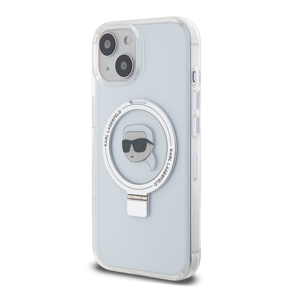 Custodia MagSafe per Apple iPhone 15, Karl Lagerfeld, Ring Stand Karl's Head, Bianca