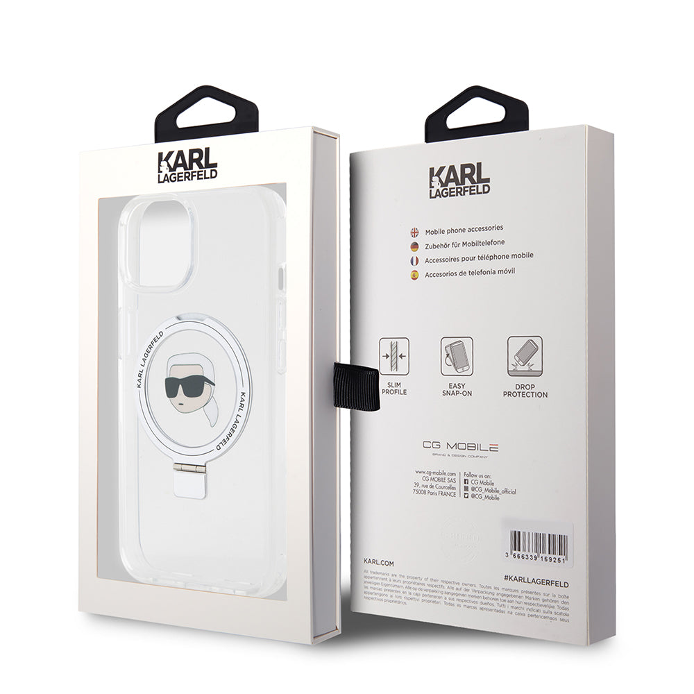 Custodia MagSafe per Apple iPhone 15, Karl Lagerfeld, Ring Stand Karl's Head, Bianca