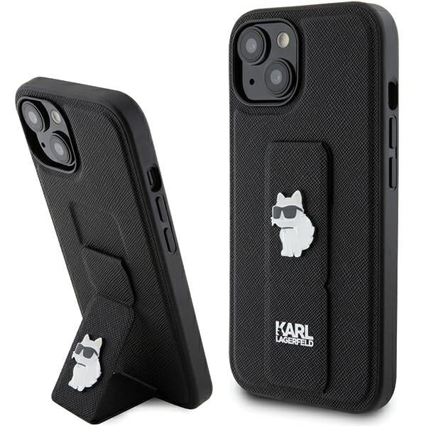 Custodia MagSafe per Apple iPhone 15, Karl Lagerfeld, Saffiano Gripstand Choupette, Nera